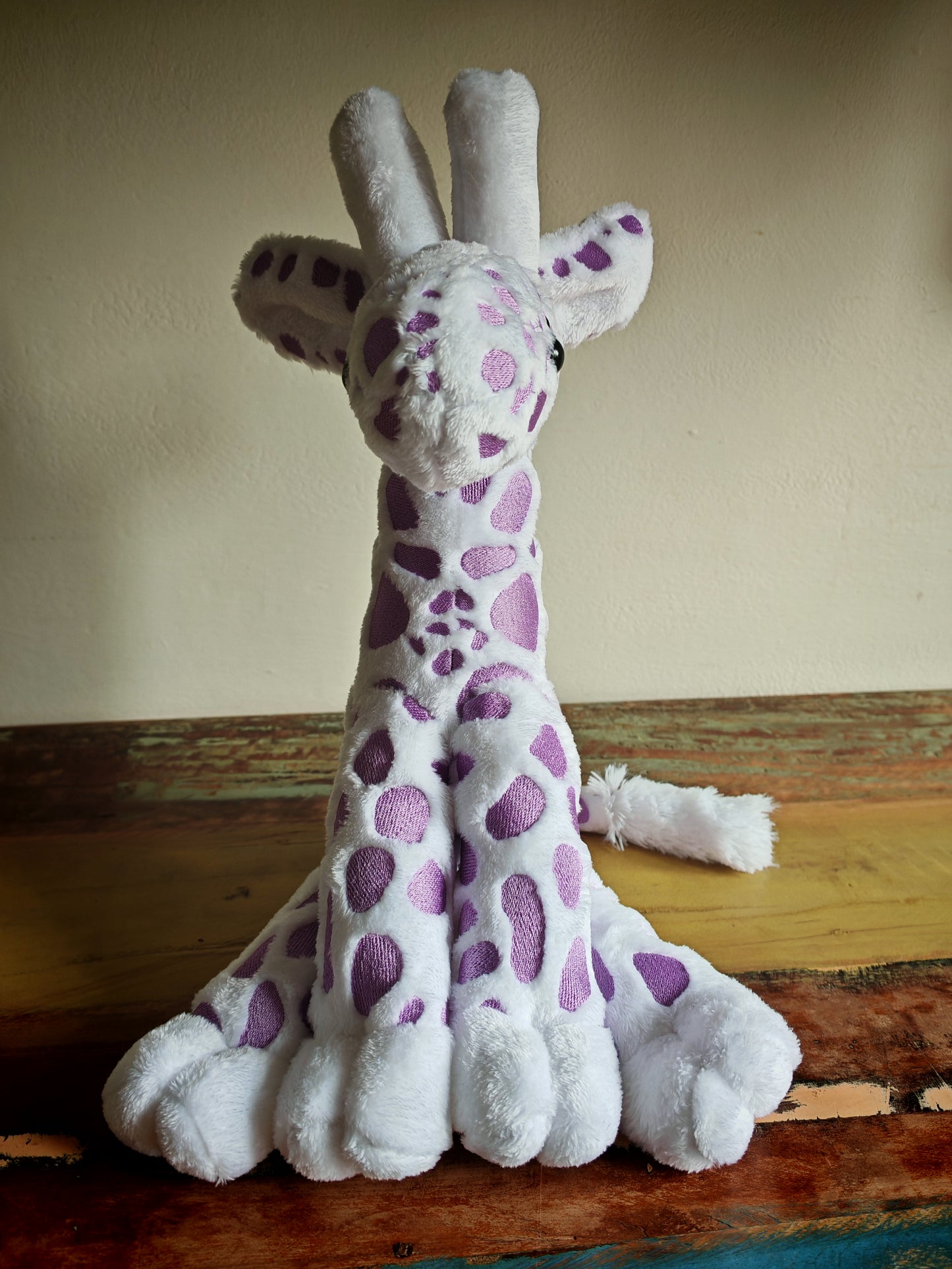 Handmade Giraffe Plush Toy – 28cm Soft Stuffed Animal with Embroidered Patches – Giraffe Calf - Custom Baby Gift or Kids Plushie Toddler Safe & Collectible / White-Purple
