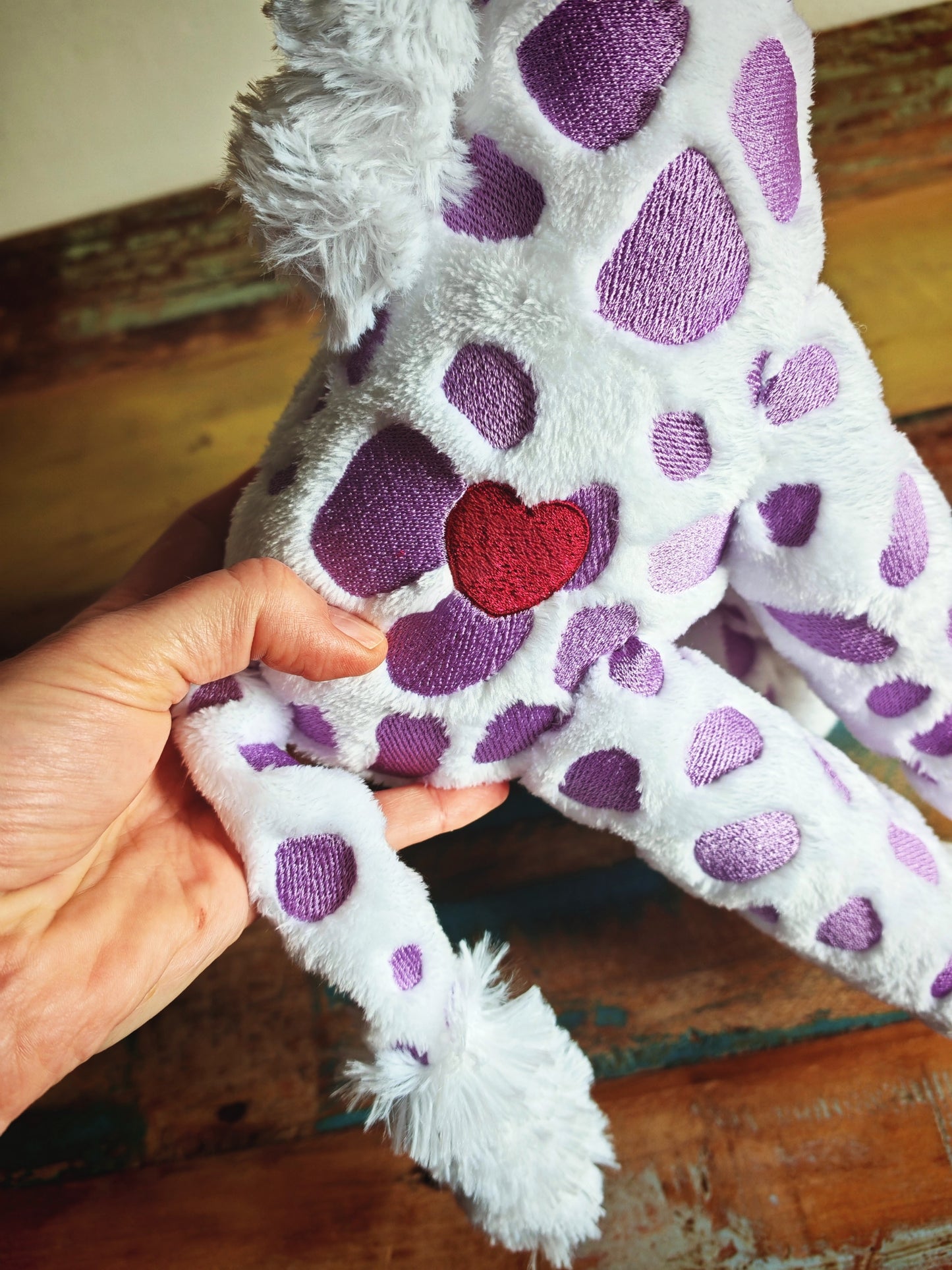 Handmade Giraffe Plush Toy – 28cm Soft Stuffed Animal with Embroidered Patches – Giraffe Calf - Custom Baby Gift or Kids Plushie Toddler Safe & Collectible / White-Purple