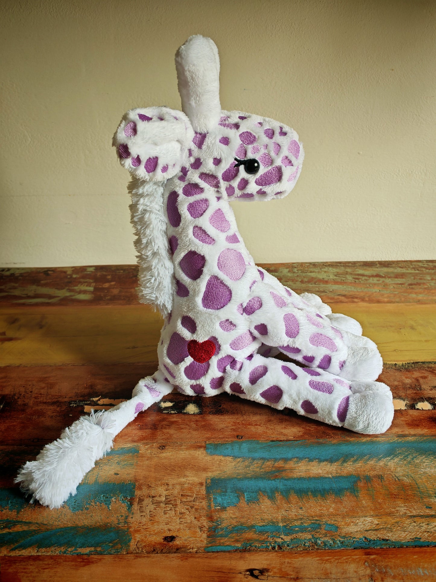 Handmade Giraffe Plush Toy – 28cm Soft Stuffed Animal with Embroidered Patches – Giraffe Calf - Custom Baby Gift or Kids Plushie Toddler Safe & Collectible / White-Purple