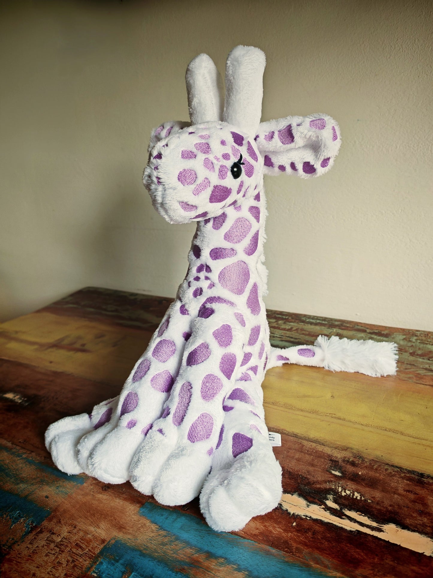 Handmade Giraffe Plush Toy – 28cm Soft Stuffed Animal with Embroidered Patches – Giraffe Calf - Custom Baby Gift or Kids Plushie Toddler Safe & Collectible / White-Purple