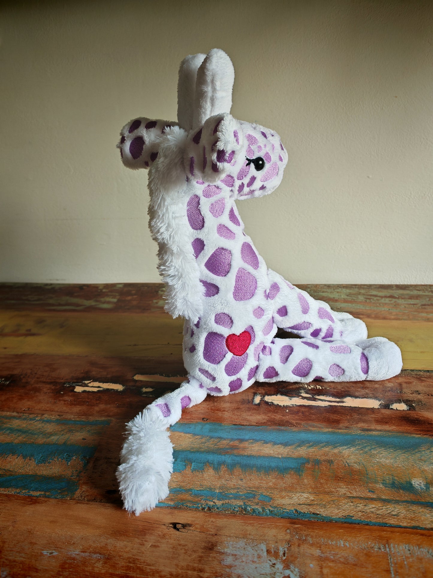 Handmade Giraffe Plush Toy – 28cm Soft Stuffed Animal with Embroidered Patches – Giraffe Calf - Custom Baby Gift or Kids Plushie Toddler Safe & Collectible / White-Purple