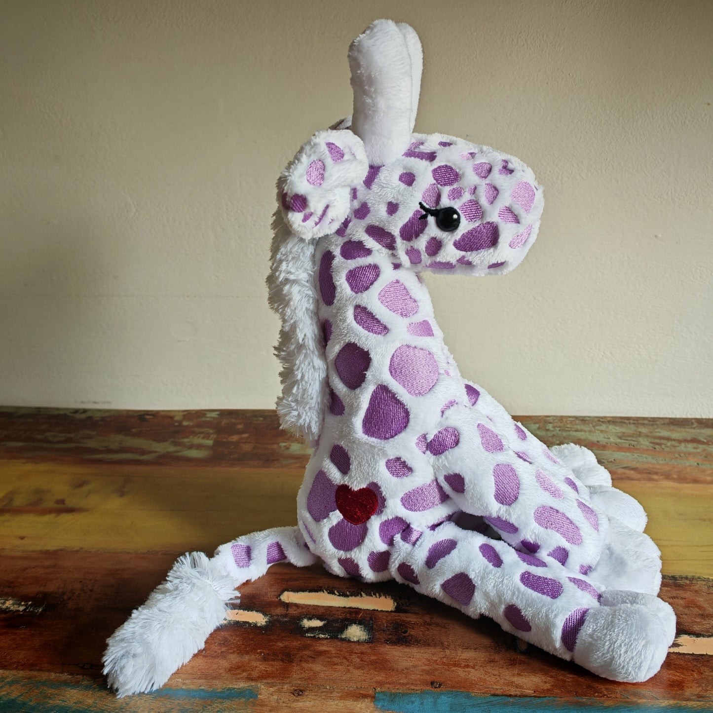 Handmade Giraffe Plush Toy – 28cm Soft Stuffed Animal with Embroidered Patches – Giraffe Calf - Custom Baby Gift or Kids Plushie Toddler Safe & Collectible / White-Purple