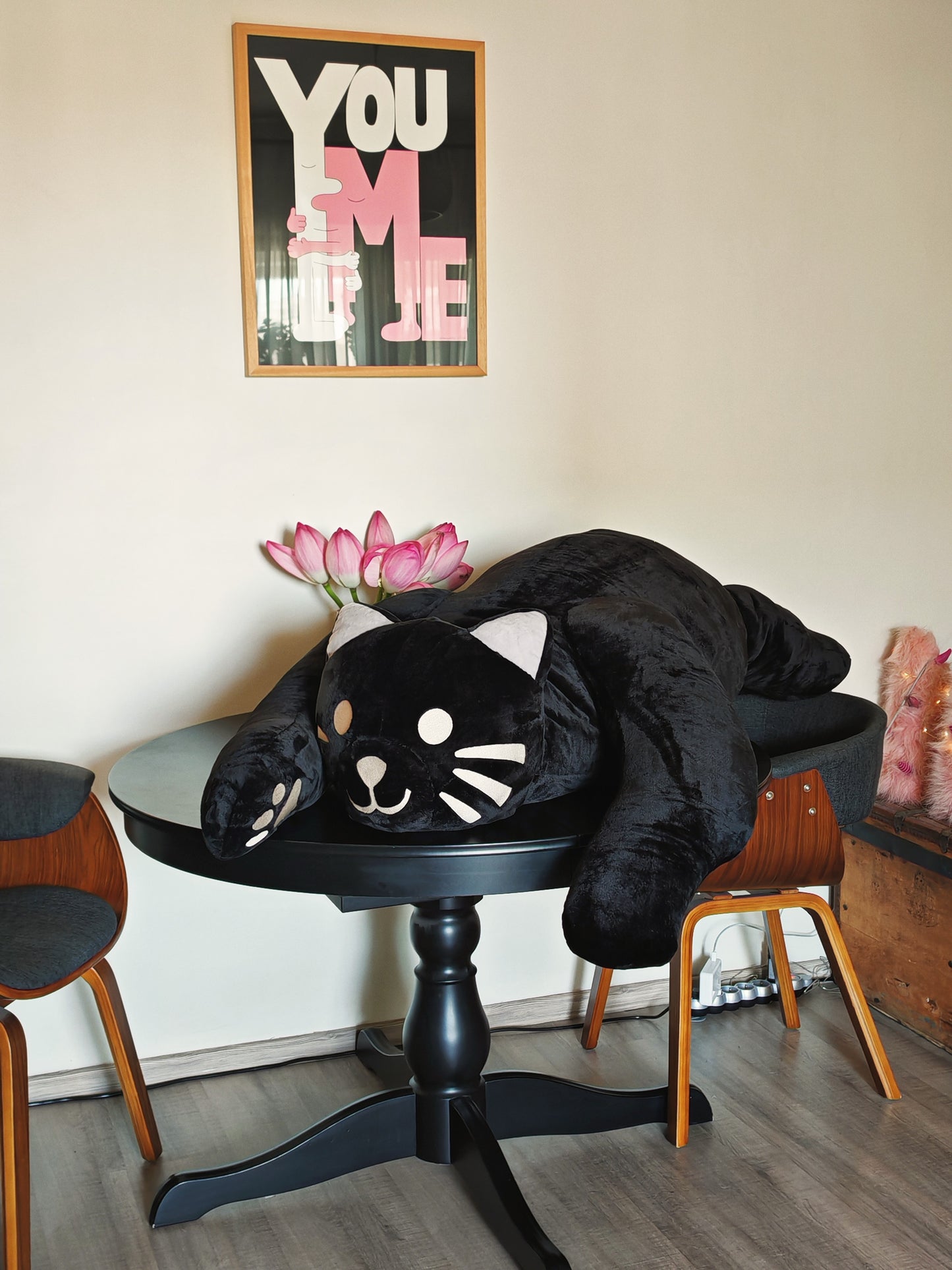 Giant black cat plush 183 cm, replica plush cat Komi Can't Communicate (Manga series) as a human size plush