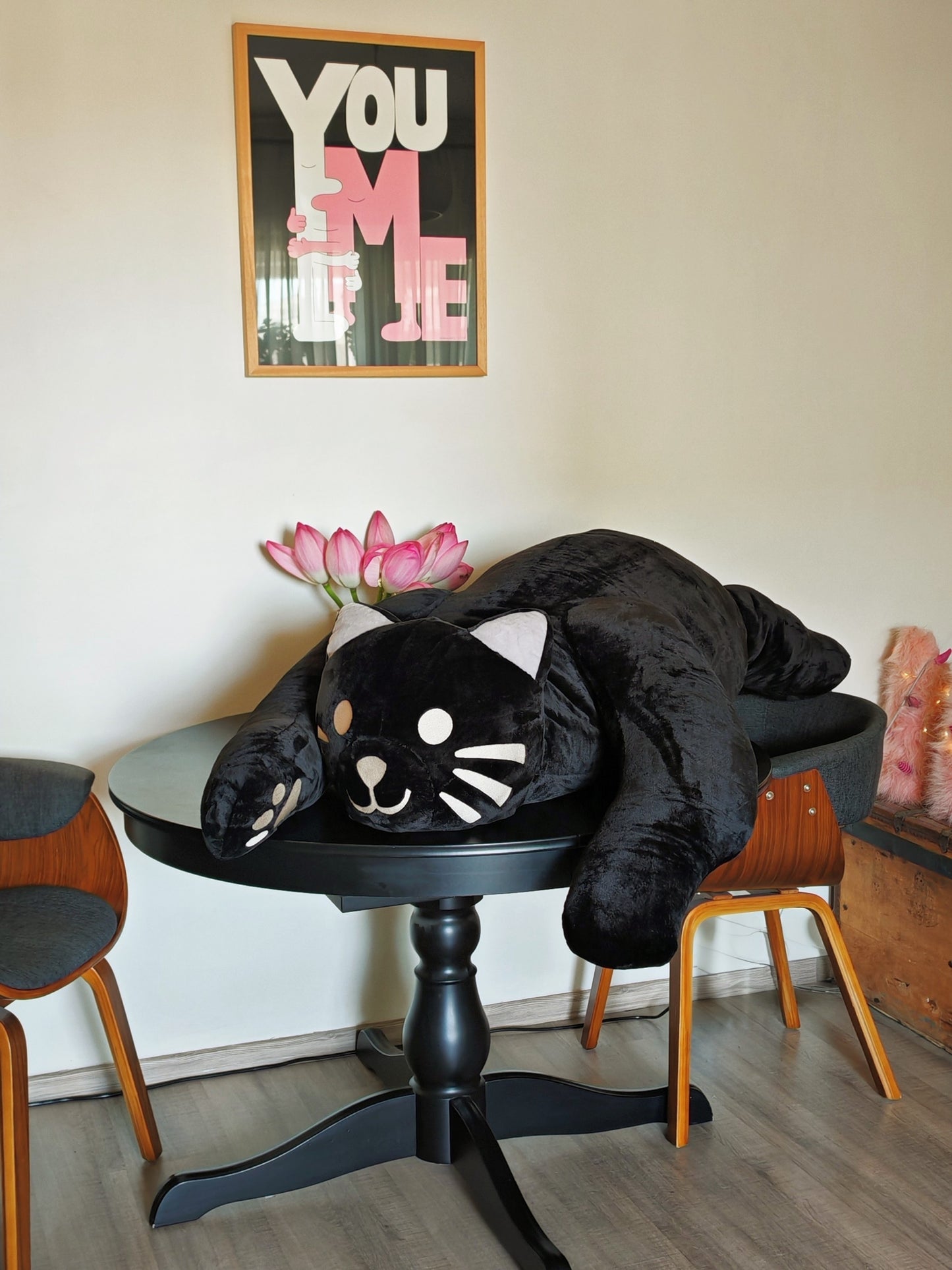 Giant black cat plush 183 cm, replica plush cat Komi Can't Communicate (Manga series) as a human size plush