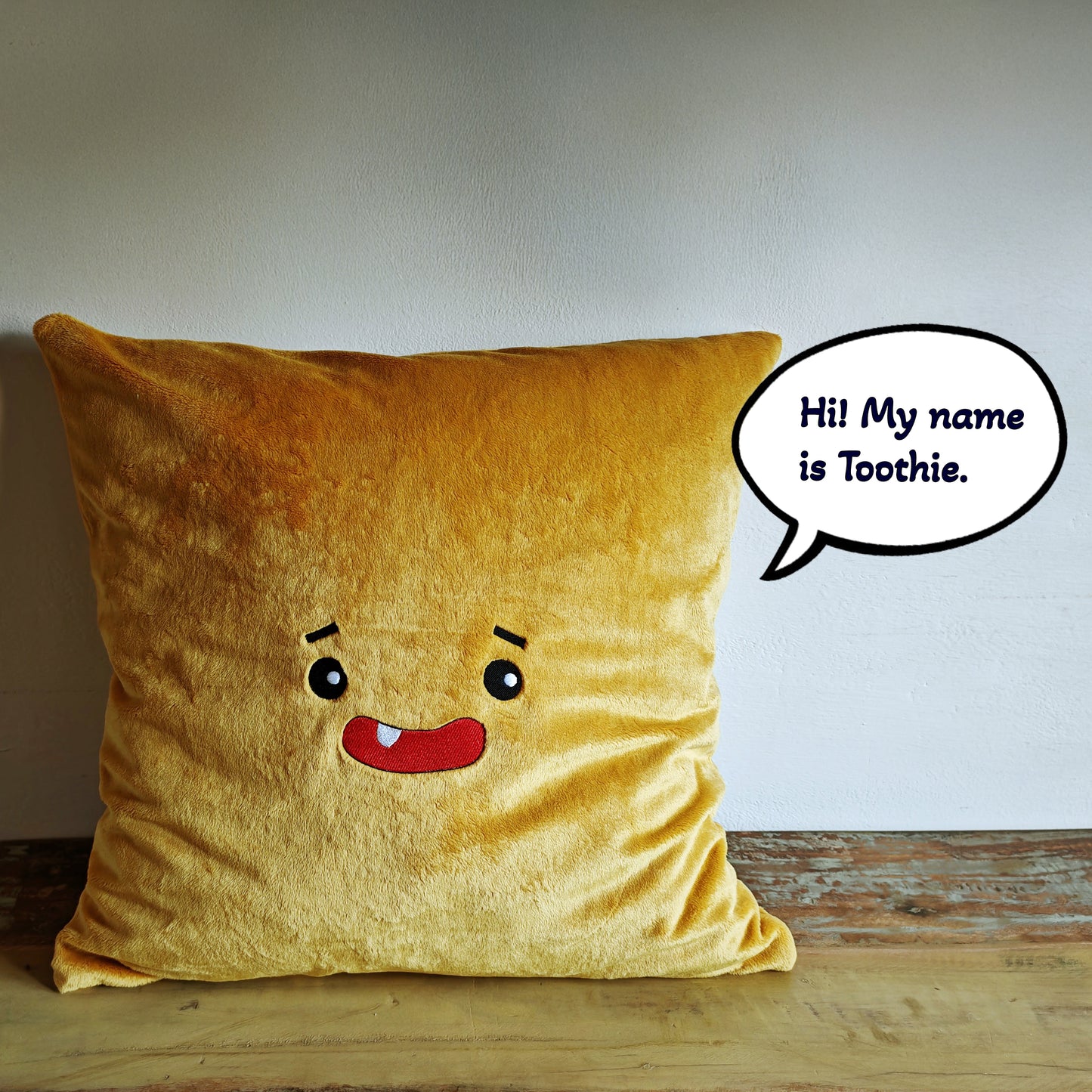 Yellow Plush Cushion Cover with Embroidered Smiley face, 50x50 cm, inside cushion can be included