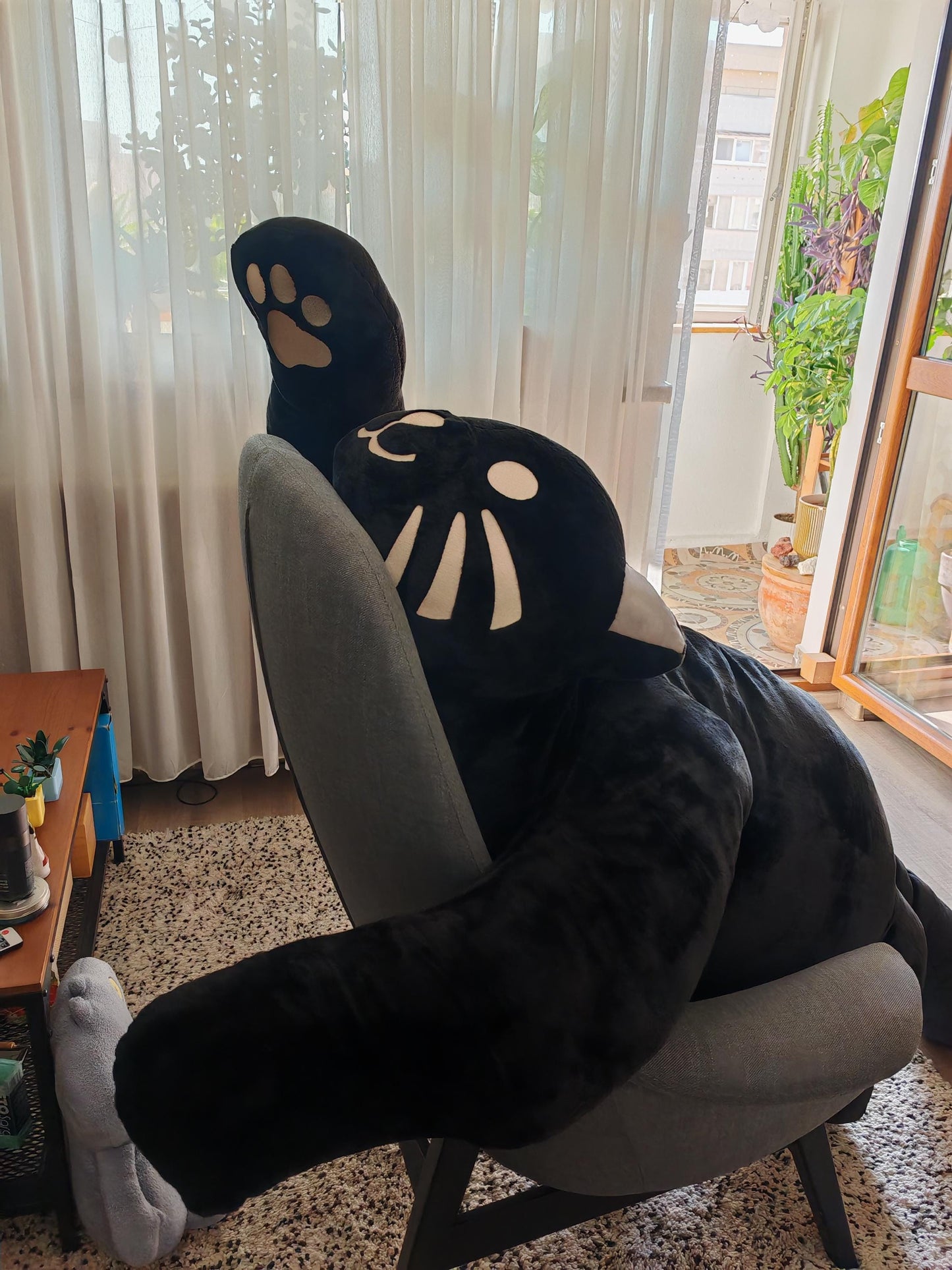 Giant black cat plush 183 cm, replica plush cat Komi Can't Communicate (Manga series) as a human size plush