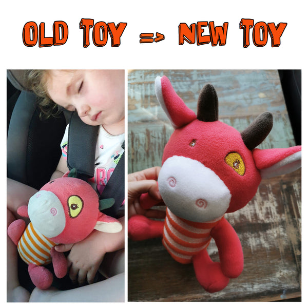 Jucărie de plus personalizată bazată pe fotografii de jucărie vechi, pluș personalizat de vacă, replică de vacă de pluș, recrearea unei jucării vechi, replică foto clonă de pluș a jucăriei pierdute