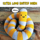 Knitted giant worm, hand knitted wool plush, fantasy creature, yellow-gray, 145cm long
