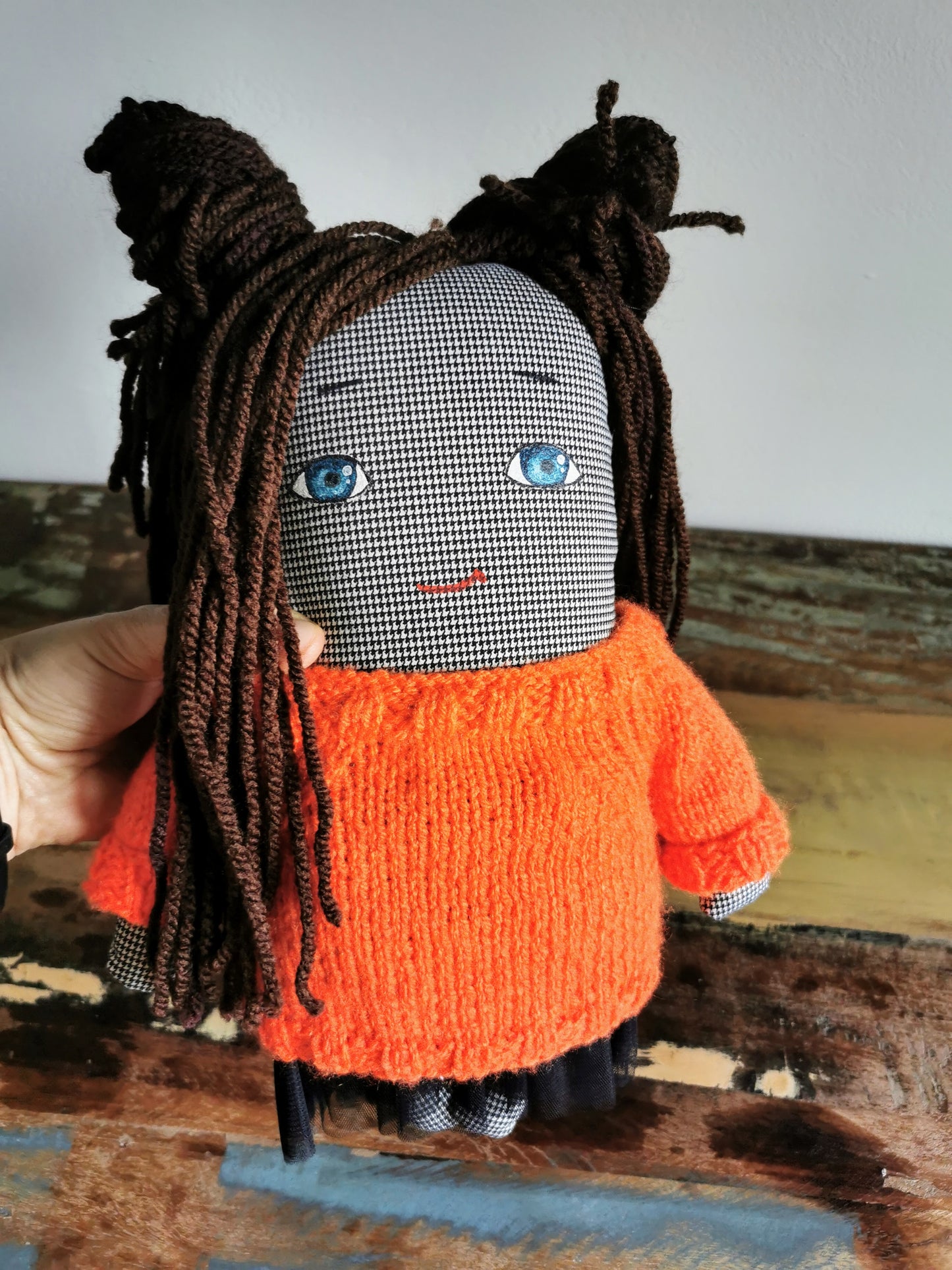 Teenage girl doll, painted cotton doll, orange knitted sweater, black tulle skirt, OOK doll, 33cm