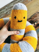 Knitted giant worm, hand knitted wool plush, fantasy creature, yellow-gray, 145cm long