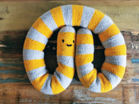 Knitted giant worm, hand knitted wool plush, fantasy creature, yellow-gray, 145cm long