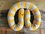 Knitted giant worm, hand knitted wool plush, fantasy creature, yellow-gray, 145cm long