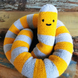 Knitted giant worm, hand knitted wool plush, fantasy creature, yellow-gray, 145cm long