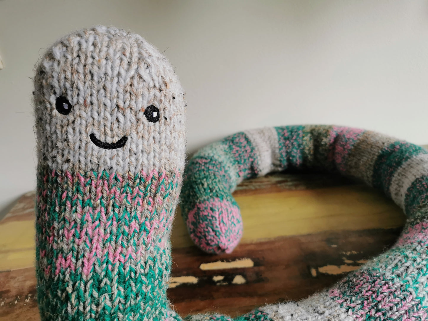 Giant hand knitted worm, chubby fantasy worm, odd giant creature, scrap yarn creature, knitted wool worm, funny odd gift, 165cm