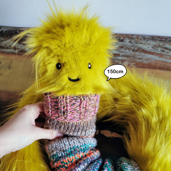 Giant worm with scrap yarn knitted turtleneck, faux fur plush, hairy giant worm, adorable worm, fantasy creature, funny odd gift, 150 cm