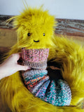 Giant worm with scrap yarn knitted turtleneck, faux fur plush, hairy giant worm, adorable worm, fantasy creature, funny odd gift, 150 cm