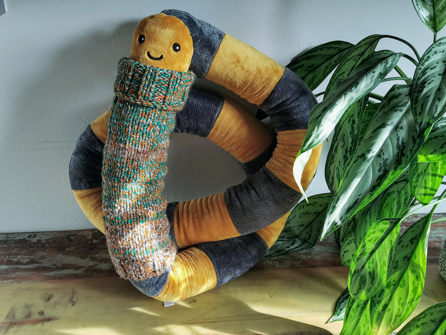 Giant Mustard EarthWorm Plush with knitted turtleneck, funny fantasy odd creature, Mustard-Grey, 200cm
