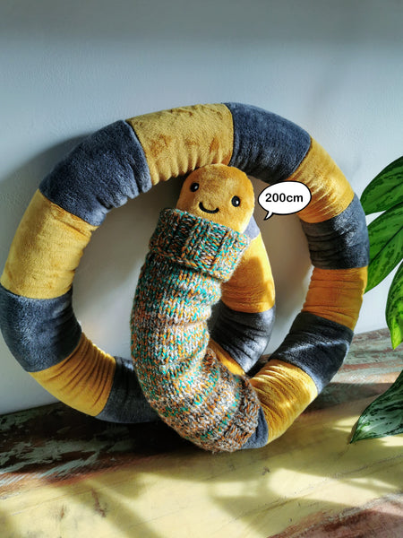 Giant Mustard EarthWorm Plush with knitted turtleneck, funny fantasy odd creature, Mustard-Grey, 200cm