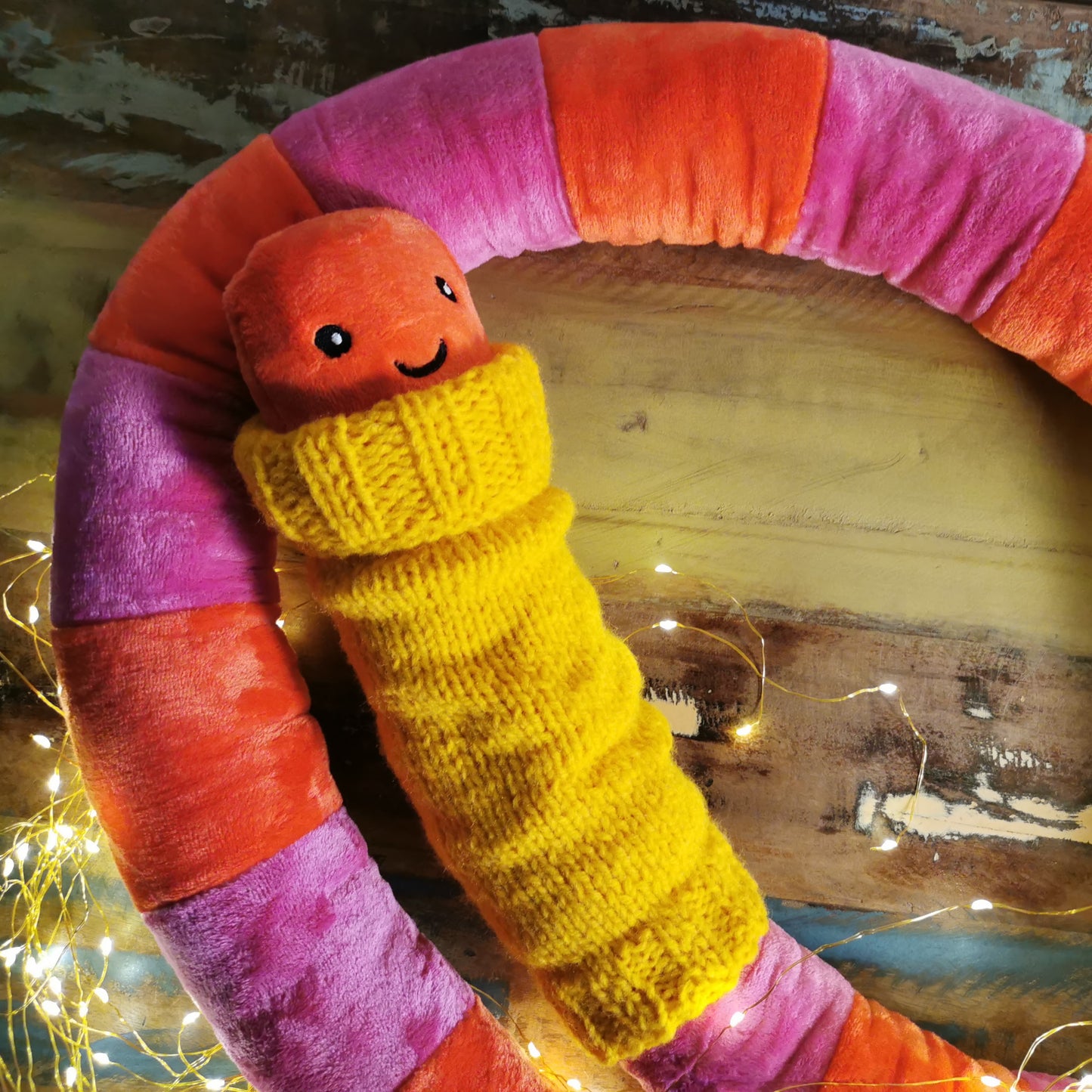Giant Worm Plush with knitted sweater, Orange-Pink 200cm, fun smiley extra large plush