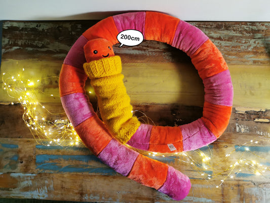Giant Worm Plush with knitted sweater, Orange-Pink 200cm, fun smiley extra large plush