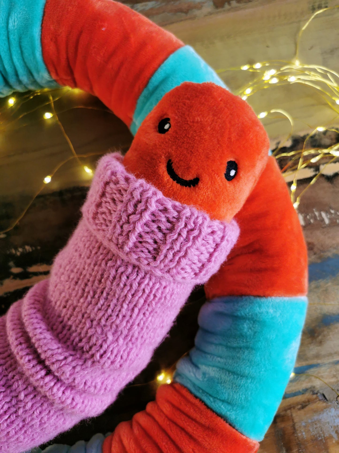 Giant Worm Plush with knitted turtleneck, funny odd creature, Mandarine/Teal Plush, 200cm