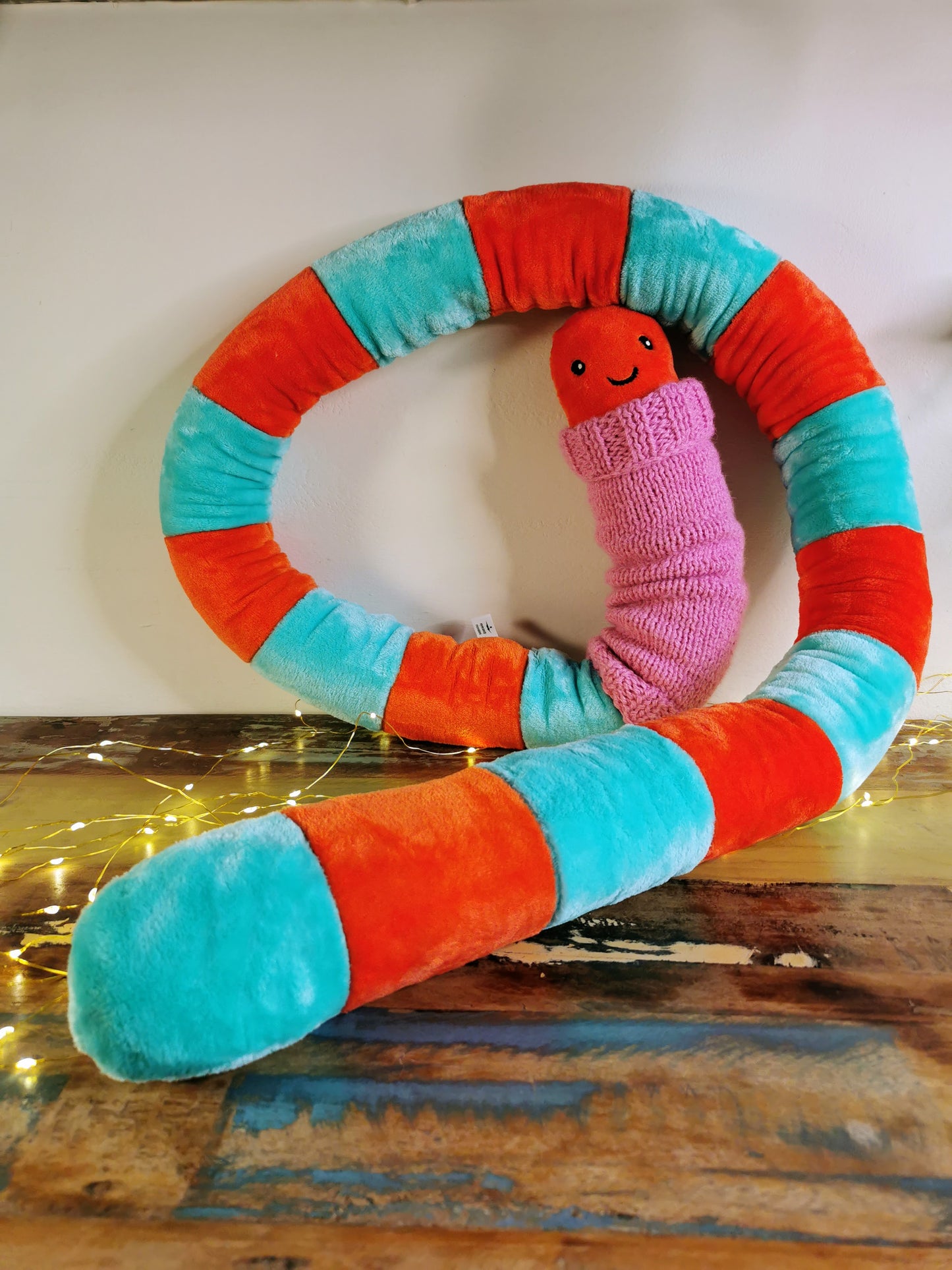 Giant Worm Plush with knitted turtleneck, funny odd creature, Mandarine/Teal Plush, 200cm