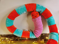 Giant Worm Plush with knitted turtleneck, funny dd creature, Mandarine/Teal Plush, 210cm