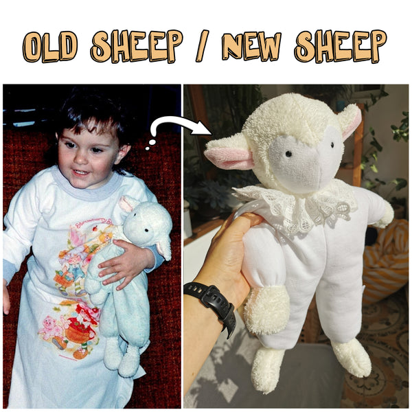 Replica Sheep plush based on old photos, recreating your childhood toy, Plush photo clone replica of plush animal, Plushie replacement