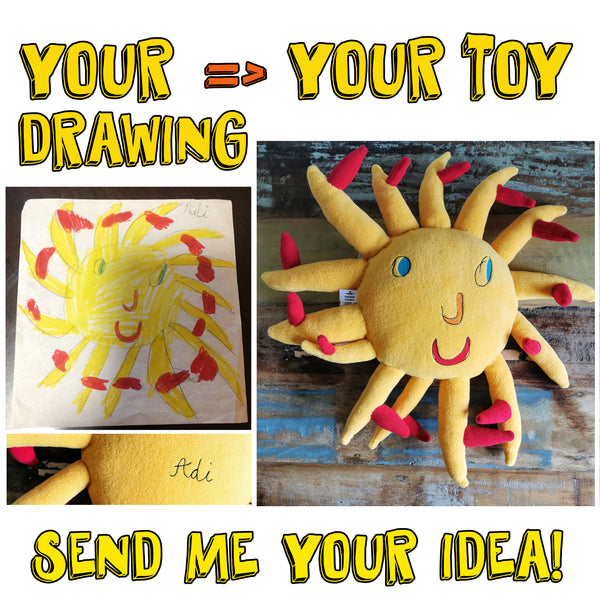 Sun Plush based on Child's drawing, plush character inspired by child's imagination