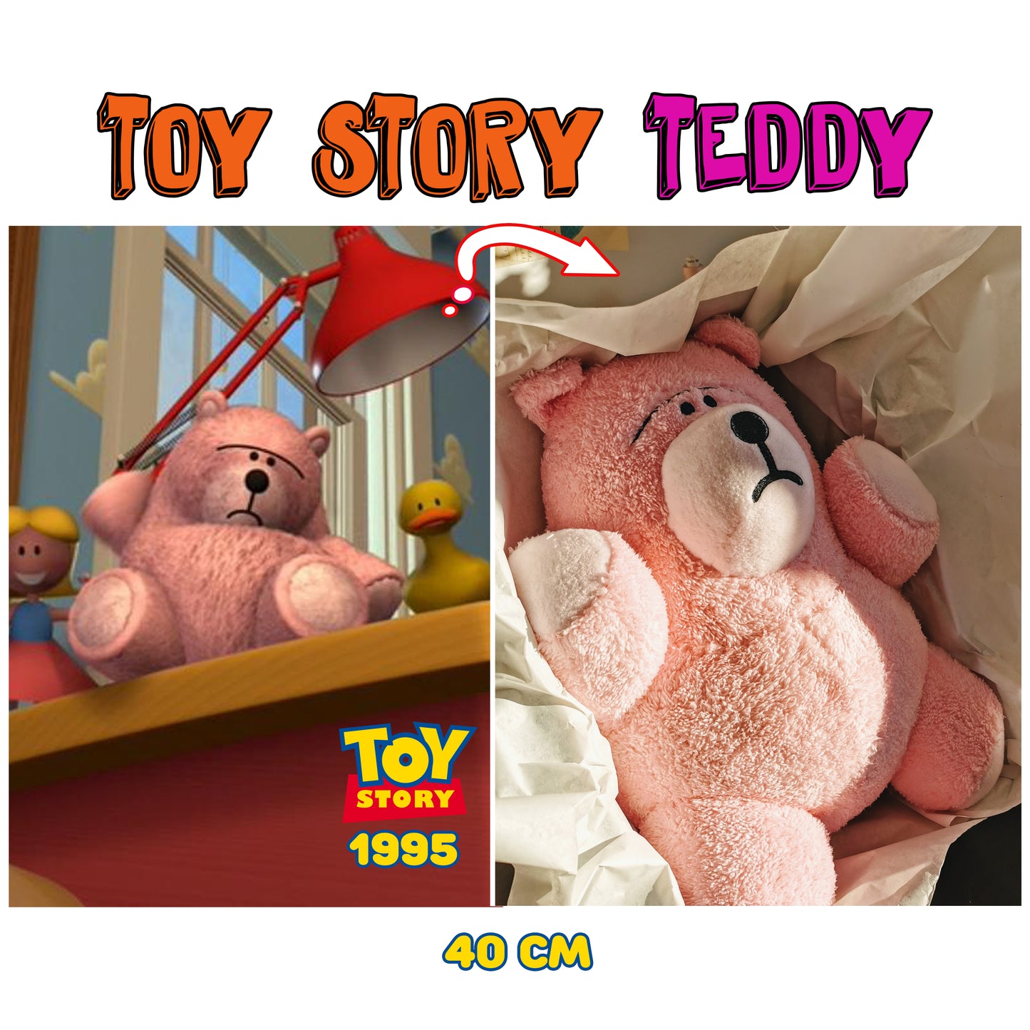 Replică de pluș de urs roz bazată pe personajul Toy Story, Toy Story 1995 Replica urs, 40 cm